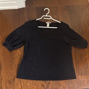 H&M Navy Sparkle V-Neck Puff Sleeve Top